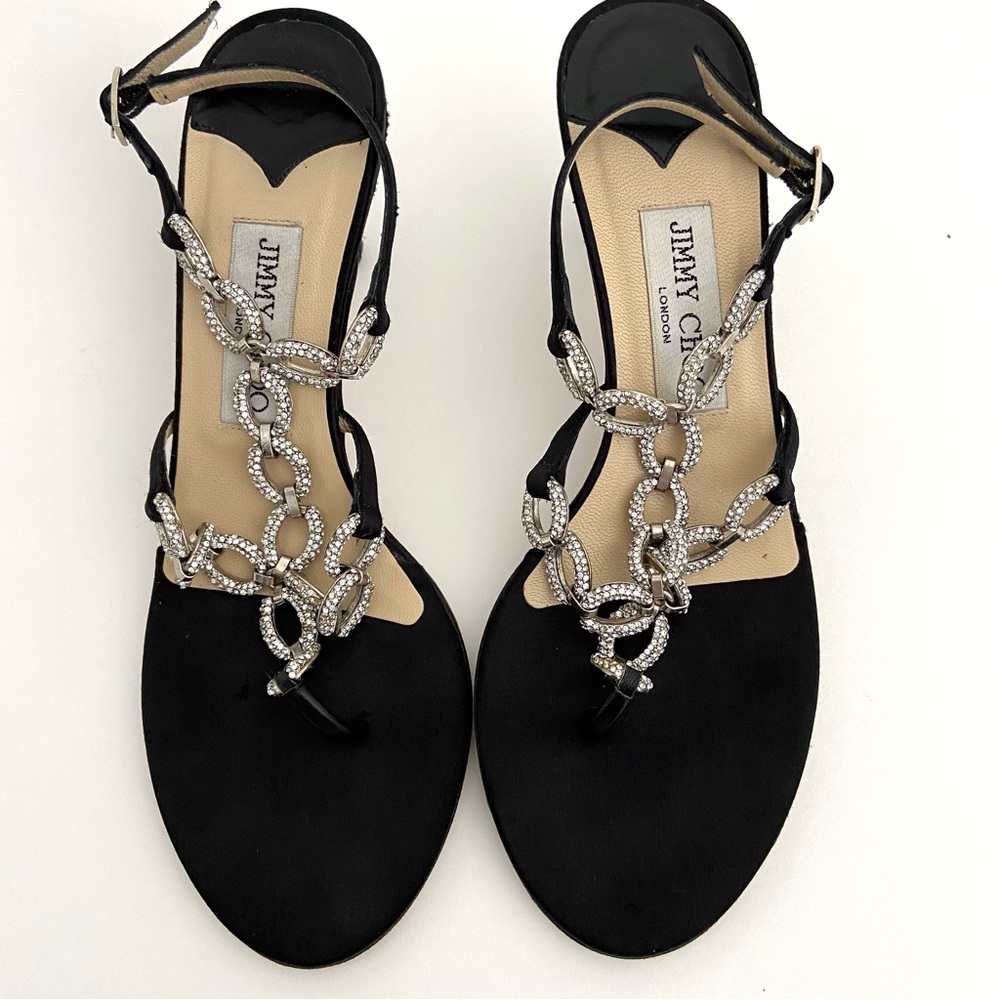 Jimmy Choo Crystal Embellished Thong Ankle Strap Heeled Sandals - Picture 4 of 15